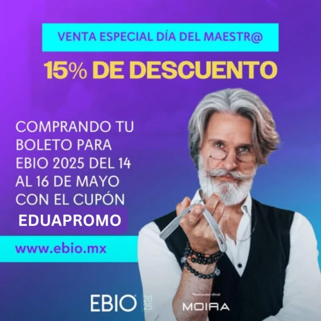 🎉 ¡Feliz Día del Maestro! 🧑‍🏫EBIO 2025 celebra a quienes enseñan, inspiran y transforman el mundo, también en la industria de la belleza. ✂️💄💅
🗓️ Del 14 al 16 de mayo obtén un 15% de descuento en tu boleto para EBIO con el código EDUAPROMO 
¡Porque tú también mereces seguir aprendiendo de los mejores!
🧠💥 ¡Nos vemos en el escenario del conocimiento! EBIO Expo Belleza Internacional de Occidente 
Registrase: https://shorturl.at/yzVGH 
CUPÓNPROMO: EDUAPROMO