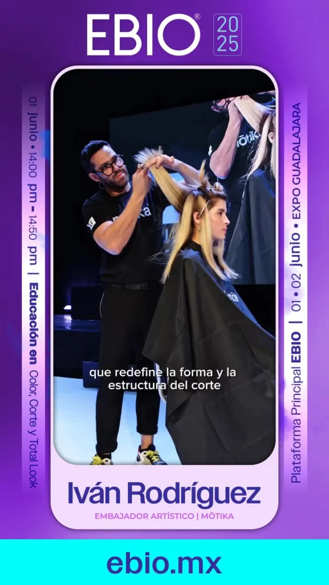 Iván Rodríguez, embajador artístico de Motika, es un estilista Internacional especialista en corte, técnicas de color, peinado social, editorial y nupcial.

De la mano de Paula Aquino y Austin Finley, presentarán en nuestra Plataforma Principal su show titulado "Galope", educación en color, corte y total look, con técnicas de color en tendencia y cortes en vivo, compartiendo el dominio de la técnica y la inspiración del total look.

¡No te lo pierdas este domingo 1° de junio! Boletos en: 📱 www.ebio.mx

Boletos: https://shorturl.at/capJE
CUPONPROMO: EDUAPROMO

@ebioexpo  EBIO Expo Belleza Internacional de Occidente